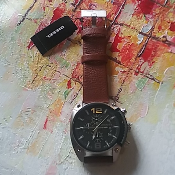 Diesel men's brown leather black face watch - Picture 5 of 7